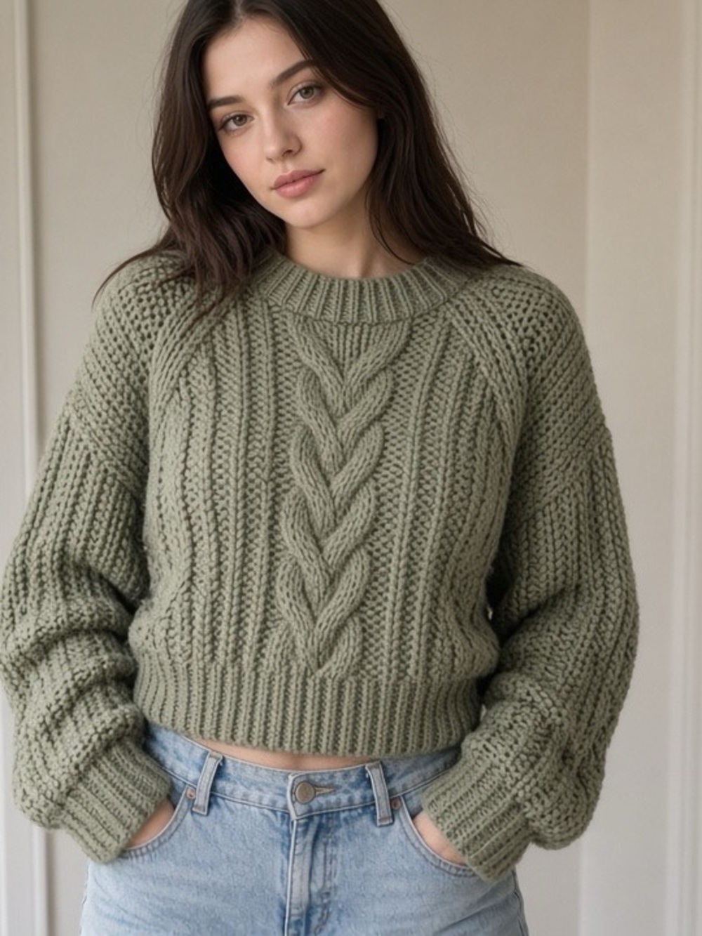 Free People S Chunky Cable Knit Sweater Green Grey